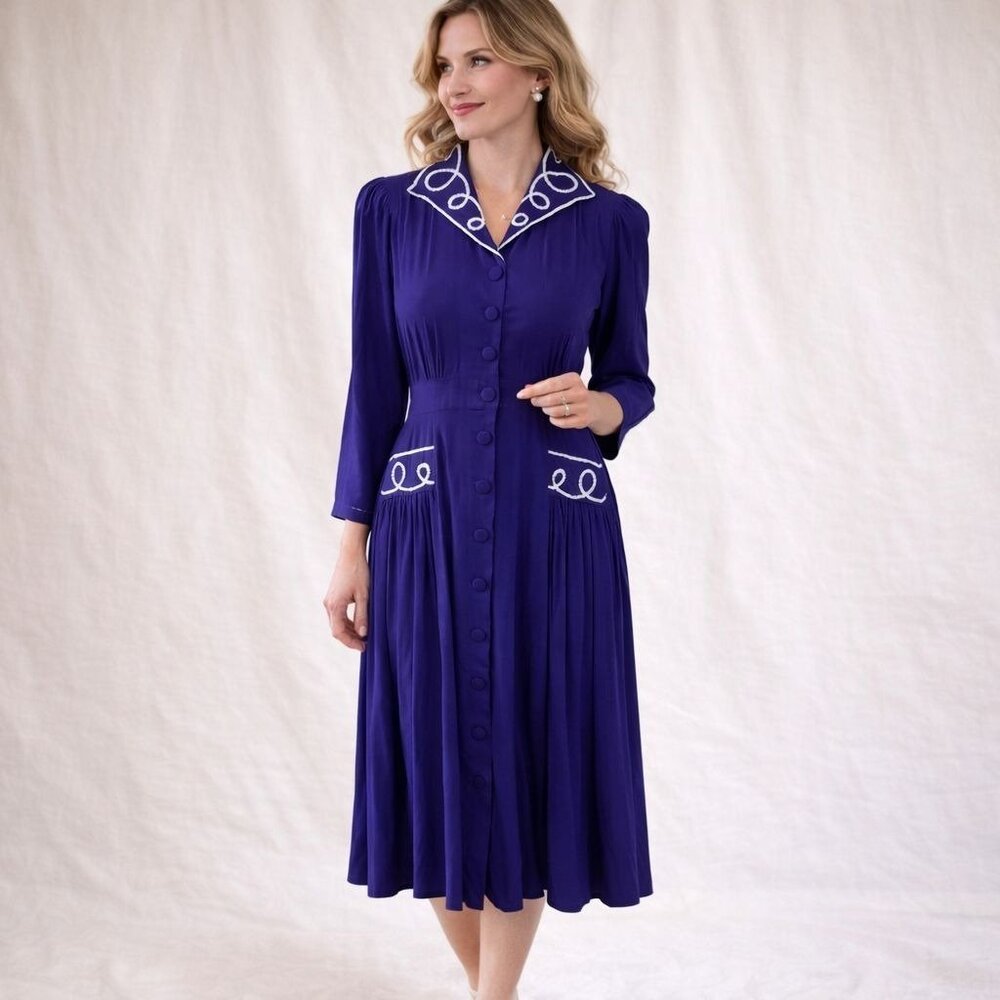 Vintage Karin Stevens 80s Dress Petites Violet Blue Button Down Dress Embroidere